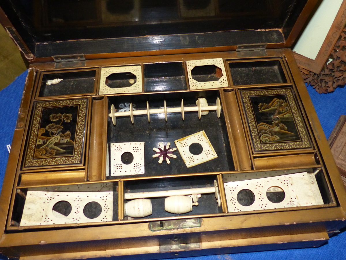 A 19th.C. CHINESE EXPORT LACQUER BONE FITTED WORK BOX WITH WRITING SURFACE DRAWER, W.43.5cms, A