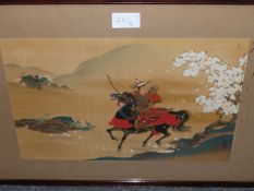 TWO JAPANESE PAINTINGS ON SILK, ONE OF A MOUNTED SAMURAI WARRIOR, THE OTHER OF FIGURES BY A