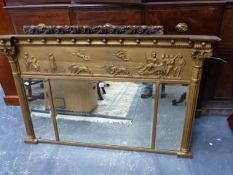 A 19th.C.GILT THREE PART OVERMANTLE MIRROR WITH BEVELLED PLATED FLANKED BY COLUMNS, ALL SURMOUNTED