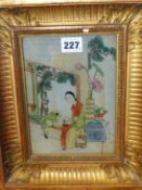 CHINESE SCHOOL. THREE DOMESTIC SCENES, WATERCOLOURS IN GILT FRAMES. 19 x 14cms.