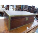 A 19th C. BRASS EDGED MAHOGANY WRITING BOX WITH DRAWER TO ONE SIDE. W 51 x D 27 x H 18cms.