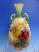 A ROYAL WORCESTER TWO HANDLED BOTTLE VASE DATE CODE FOR 1901 PAINTED BY HADLEY'S WITH CHRYSANTHEMUMS