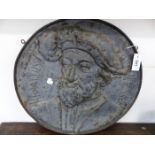 AN INTERESTING IRON WALL PLAQUE CAST WITH RELIEF PORTRAIT OF FRANCOIS I. OF FRANCE. Dia.56cms.