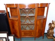 A PARQUETRY SATINWOOD INLAID EDWARDIAN DISPLAY CABINET, OVAL GLAZING BARS TO THE CENTRAL DOOR
