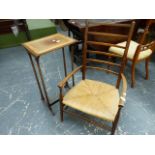 AN ARTS AND CRAFTS RUSH SEATED LADDER BACKED ELBOW CHAIR TOGETHER WITH A SATIN WOOD BANDED