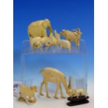 A GROUP OF TEN VARIOUS IVORY CARVINGS OF ANIMALS, THE LARGEST A GAZELLE. W 8cms.