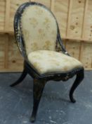 A VICTORIAN PAPIER MACHE AND MOTHER OF PEARL DECORATED SALON CHAIR ON SHAPED CABRIOLE LEGS.