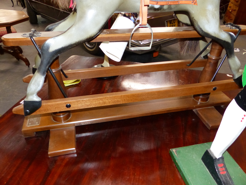 A STEVENSON BROTHERS DAPPLED GREY ROCKING HORSE WITH LEATHER BRIDLE AND RED SEATED SADDLE. H.95cms. - Image 5 of 5