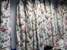 SIX PAIRS OF PINK ROSE PATTERN LINED AND INTERLINED CURTAINS WITH ASSOCIATED PELMETS, TIES, ETC.