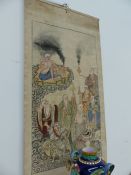 AN ORIENTAL SCROLL PAINTING ON LINEN OF MYSTICS AND SAGES, SIZE OVERALL. 178 x 87cms.