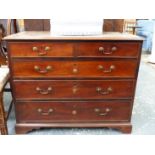 A GEO.III MAHOGANY SMALL CHEST OF TWO SHORT AND THREE LONG DRAWERS ON BRACKET FEET. 94 x 48 x H.