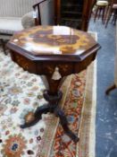 A VICTORIAN INLAID ROSEWOOD TRIPOD WORK TABLE, THE OCTAGONAL HINGED LID OPENING ONTO COMPARTMENTS,