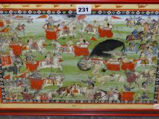 INDIAN SCHOOL. TWO BATTLE SCENES DEPICTING WARRIORS AND COURTLY FIGURES IN A PALACE, WATERCOLOUR