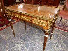 A FINE QUALITY FRENCH PARQUETRY INLAID ORMOLU MOUNTED LOUIS XVI STYLE WRITING TABLE, STAMPED AND