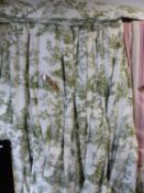 TWO PAIRS OF GREEN PATTERNED LINED AND INTERLINED CURTAINS WITH ASSOCIATED PELMETS.