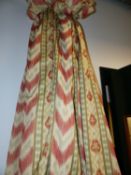 A PAIR OF HEAVY FLAME AND STRIPE PATTERN LINED AND INTERLINED CURTAINS BROCADE TRIM.