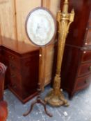 A 19th.C.MAHOGANY AND SATINWOOD POLE SCREEN WITH PICTORIAL SILK AND BEAD OVAL PANELS, THE FRAME