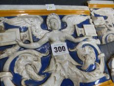 TWO MINTON MAJOLICA TILES, 1876 AND SIX FRAGMENTS EACH WITH WHITE WINGED CARYATIDS ON A BLUE