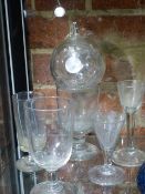A 19TH CENTURY CUT GLASS HANGING "BAUBLE" TOGETHER WITH A SMALL GROUP OF ANTIQUE DRINKING GLASSES (