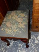 A 19th C. MAHOGANY STOOL WITH MACHINE WOVEN TAPESTRY SEAT, CURVED APRON, CABRIOLE LEGS AND CLUB