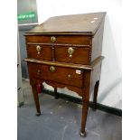 A 19TH CENTURY OAK BIBLE BOX ON STAND, THE WRITING SLOPE LID HINGED OVER COMPARTMENT AND TWO