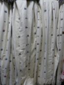 TWO PAIRS OF FLORAL EMBROIDERED SPRIG PATTERN LINEN LINED AND INTERLINED CURTAINS.