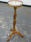 A LOUIS XV STYLE GILT GESSO TRIPOD TABLE WITH BRASS GALLERIED MARBLE TOP. Dia.24.5 x H.73.5cms.