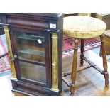 A LATE VICTORIAN STOOL ON TURNED SUPPORTS TOGETHER WITH AN AMERICAN CLOCK CASE CONVERTED AS A WALL