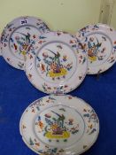 FOUR MID 18th C. ENGLISH DELFT POLYCHROME PLATES EACH PAINTED WITH A PHEASANT RISING FROM FLOWERS TO