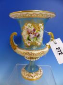 A ROYAL WORCESTER TWO HANDLED URN DATE CODE FOR 1896/7, THE TURQUOISE GROUND PAINTED WITH AN