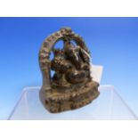 A GREY STONE CARVING OF GANESHA. H.9cms, A COPPER CROUCHING FIGURE ON ONE KNEE AND A WHITE METAL