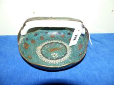 AN ORIENTAL TURQUOISE GROUND CLOISONNE BASKET WORKED WITH FLOWERS ABOUT A CENTRAL WHITE CLOUD FRAMED