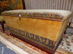 A VICTORIAN BOX OTTOMAN WITH CUSHION TOP, CANTED SIDE AND PLINTH BASE ON CASTERS. 117 x 60 x H.