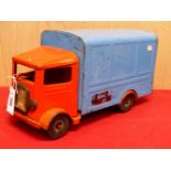 A LINES BROS. TRI-ANG RED AND BLUE PAINTED TIN PLATE TRANSPORT VAN NO. 200. W 46.5cms.