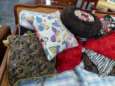 SIXTEEN VARIOUS CUSHIONS, ANTIQUE NEEDLEWORK, TAPESTRY, DECORATED WITH CHERUBS, DAMASK, ZEBRA
