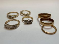 SEVEN GOLD RINGS TO INCLUDE, TWO 18ct DIAMOND SET RINGS, TWO 9ct DIAMOND HALF ETERNITY RINGS, AND