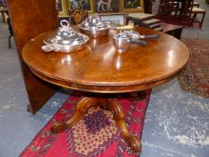 A 19TH CENTURY BURR WALNUT CIRCULAR DINING TABLE WITH LEAF, THE BALUSTER COLUMN ON FOUR LEGS WITH