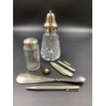 A SILVER HALLMARKED RETRACTABLE PENCIL, A GLASS AND SILVER TOPPED DRESSING TABLE POT, A SILVER AND