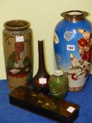 A JAPANESE LACQUER CLOISONNED BOTTLE VASE. H 25cms. A FRENCH CHINOISERIE LACQUER GLOVE BOX, A