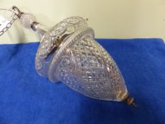 TWO CEILING LANTERNS, ONE OF ACORN SHAPE WITH SILVERED MOUNTS HOLDING THE CUT GLASS PIECES, 43cms,
