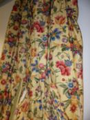TWO PAIRS OF FRUIT AND FLOWER PATTERN LINED AND INTERLINED CURTAINS WITH ASSOCIATED PELMETS AND FOUR