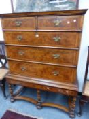 A BURR WALNUT VENEERED OAK CHEST ON STAND, GEORGE III &LATER, THE TOP WITH TWO SHORT AND THREE