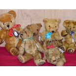 SIX TEDDY BEARS TO INCLUDE THREE BY MERRYTHOUGHT, ONE WITH BELLS IN ITS EARS, ONE WITH A £1 IN IT'