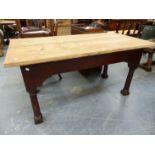 A 19th.C.OAK REFECTORY TABLE BASE FITTED WITH STOUT TWO PLANK PINE SCULLERY TOP. 148 x 76 x H.