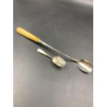 A GEORGIAN SILVER CHEESE SCOOP WITH IVORY HANDLE DATED 1800, AND STAMPED RC, FOR RICHARD CROSSLEY,