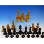 A JAQUES LONDON MAHOGANY BOXED STAUNTON EBONY AND BOXWOOD WEIGHTED CHESS SET, THE KINGS. H 10cms.