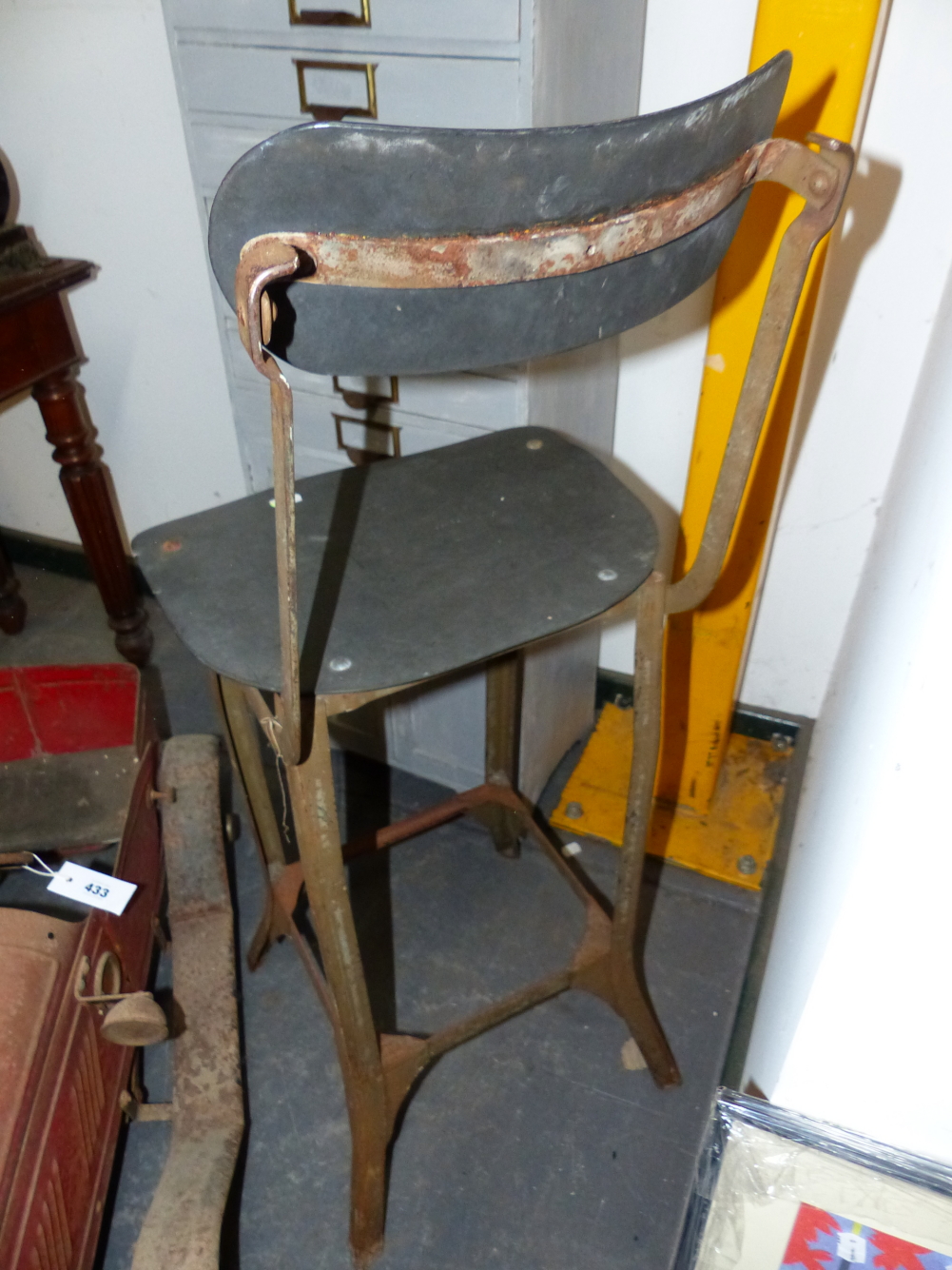 A PAINTED IRON HIGH STOOL, THE BACK WITH ADJUSTABLE TOP PANEL. THE SEAT. H.87cms. - Image 3 of 3