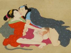 A JAPANESE SHUNGA WATERCOLOUR CHARACTER INSCRIPTION. 18 x 23cms.