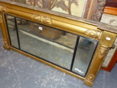 AN ANTIQUE CARVED GILTWOOD EARLY VICTORIAN OVERMANTLE THREE PART PLATE. 61 x 126cms.