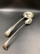 A 19th C. KINGS PATTERN LADLE AND A SILVER SERVING SPOON. GROSS WEIGHT 444grms.